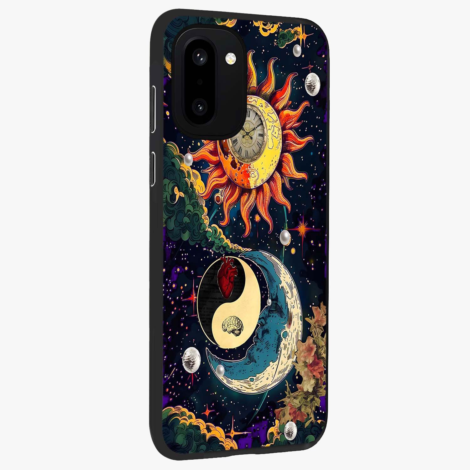 Future Universe Glass Case for 1+15R side perspective highlighting dynamic galaxy textures and premium edges