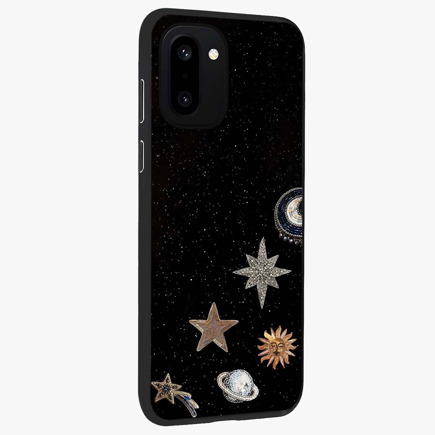 Galactic Charm Glow Glass Case for 1+15R side perspective highlighting vibrant star detailing and sleek premium edges