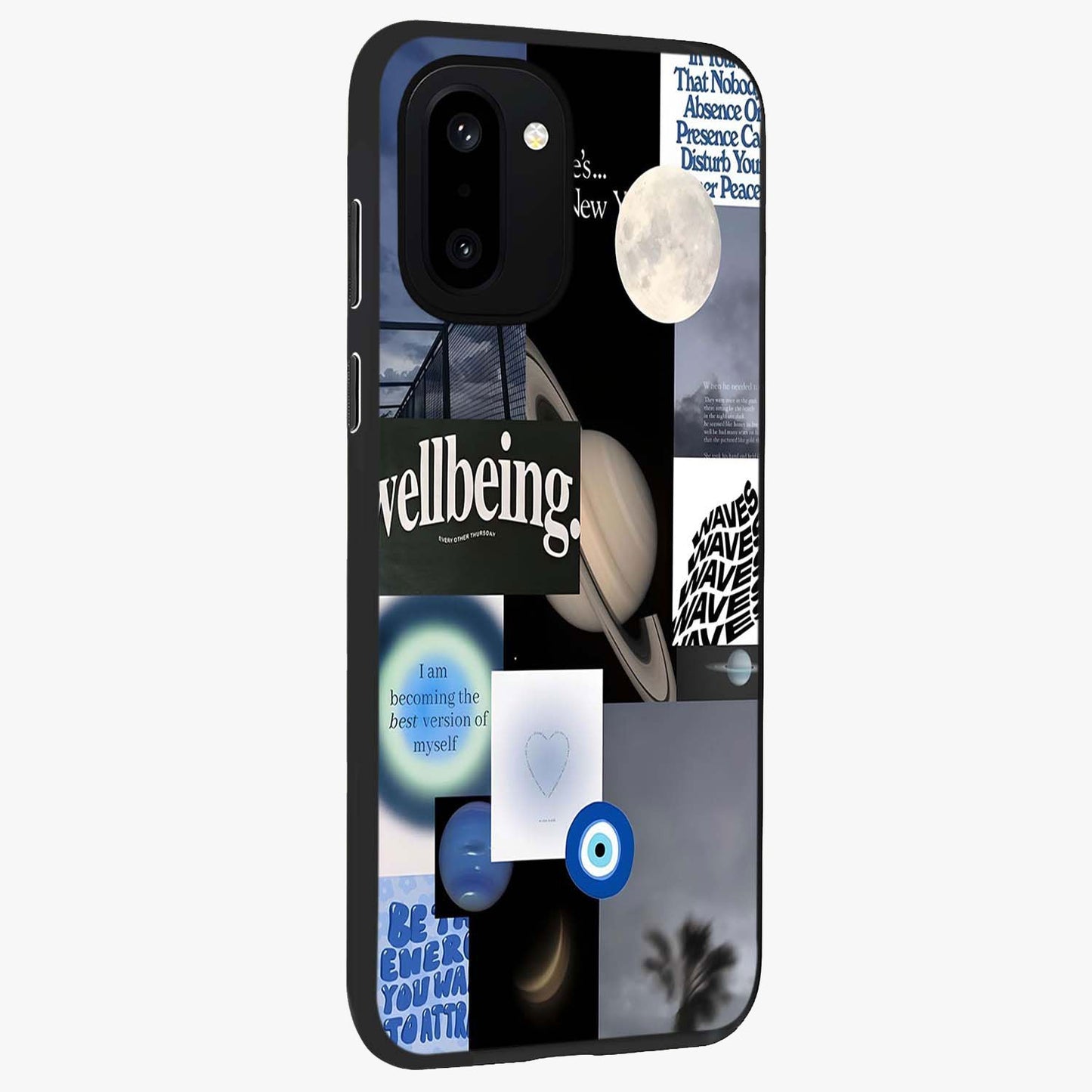 Galactic Energy Collage Glass Case for 1+15R side perspective highlighting bold abstract detailing and sleek build
