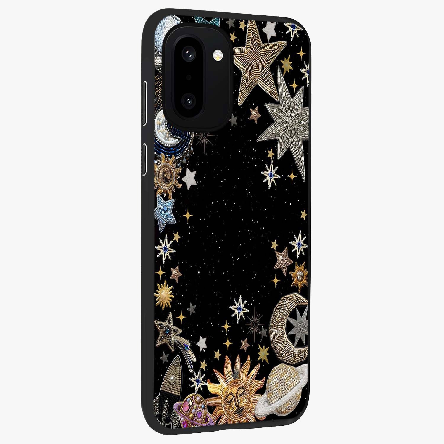 Galactic Jewel Stars Glass Case for 1+15R side perspective highlighting shimmering textures and premium edges