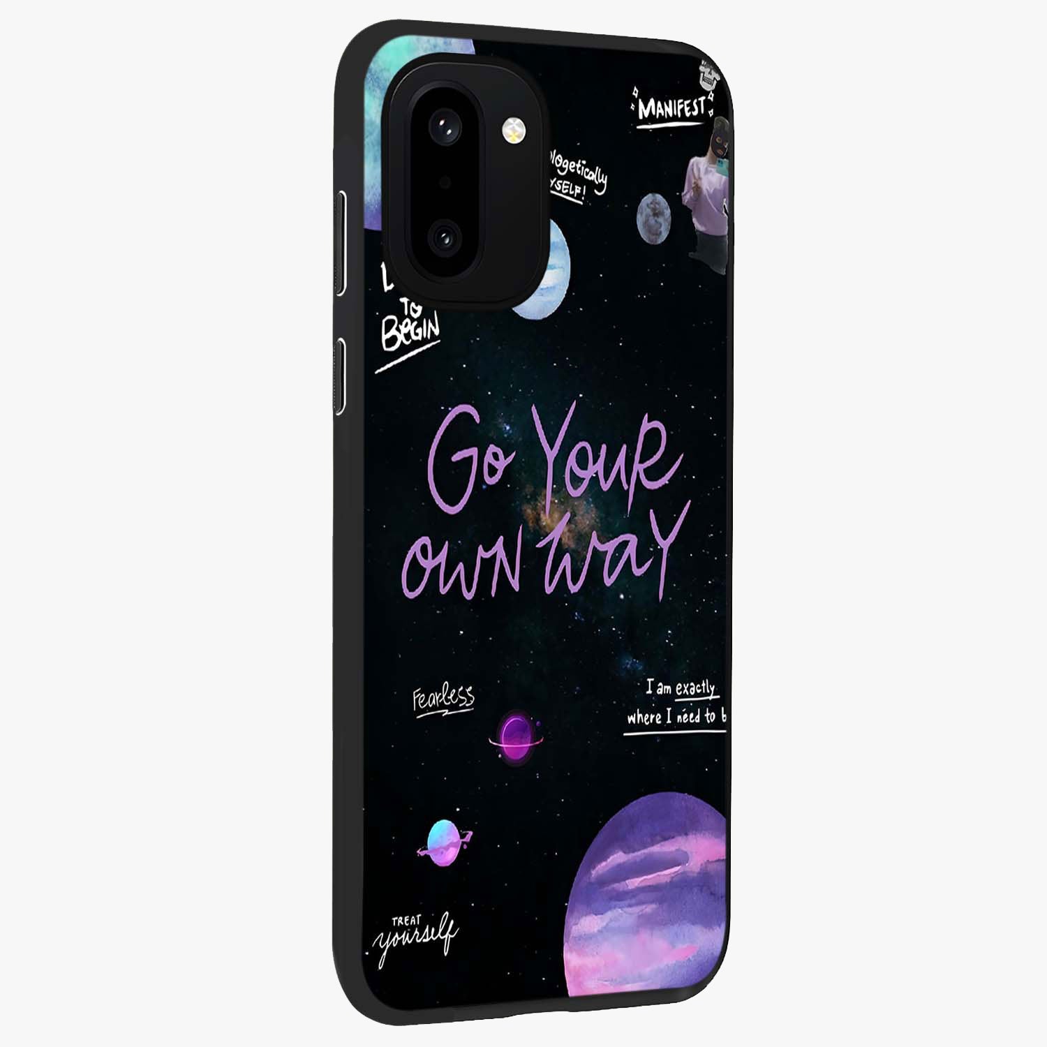 Galactic Vibes Universe Glass Case for 1+15R side perspective highlighting bold cosmic textures and sleek build