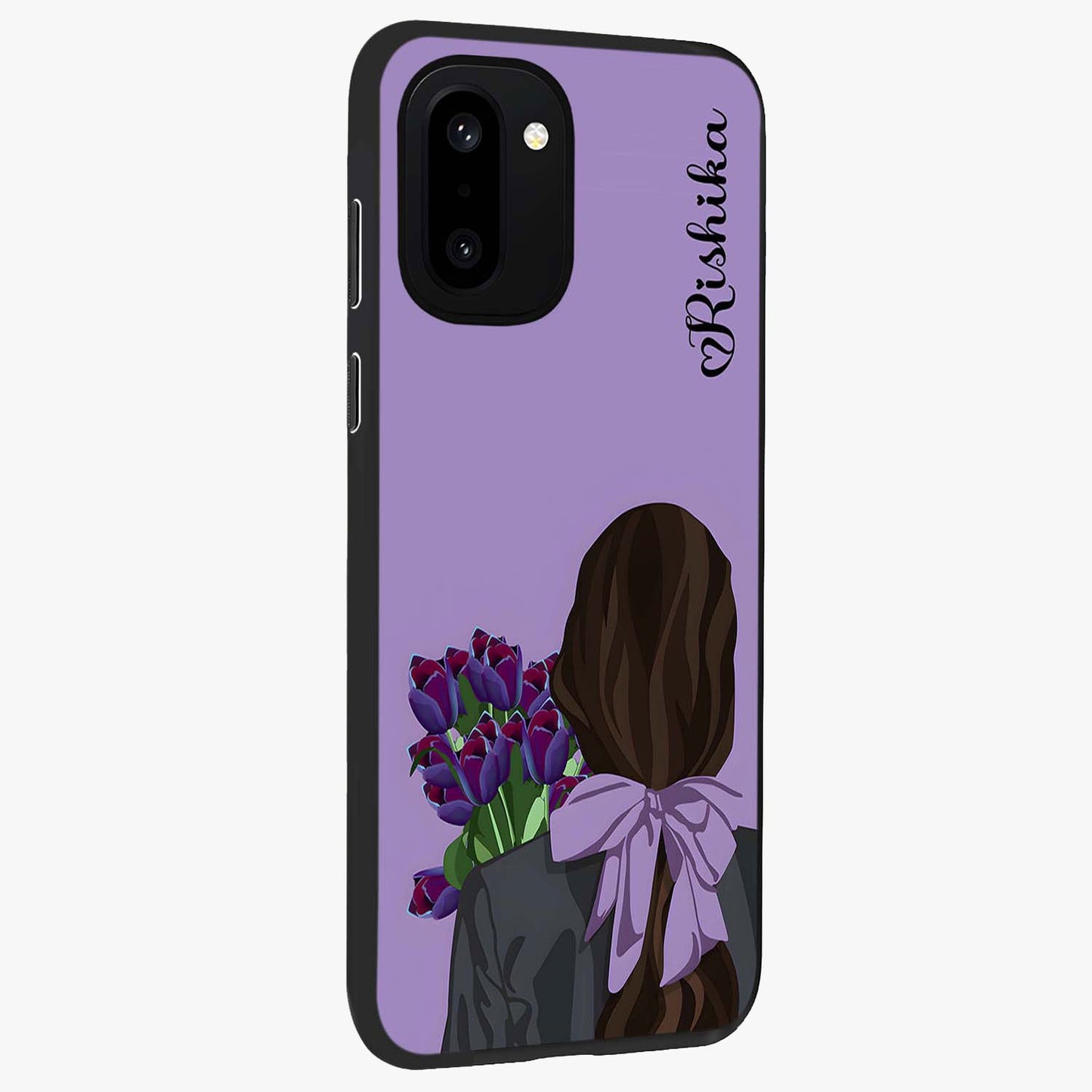Girl Holding Flowers Glass Case for 1+15R side perspective highlighting delicate floral detailing and premium edges