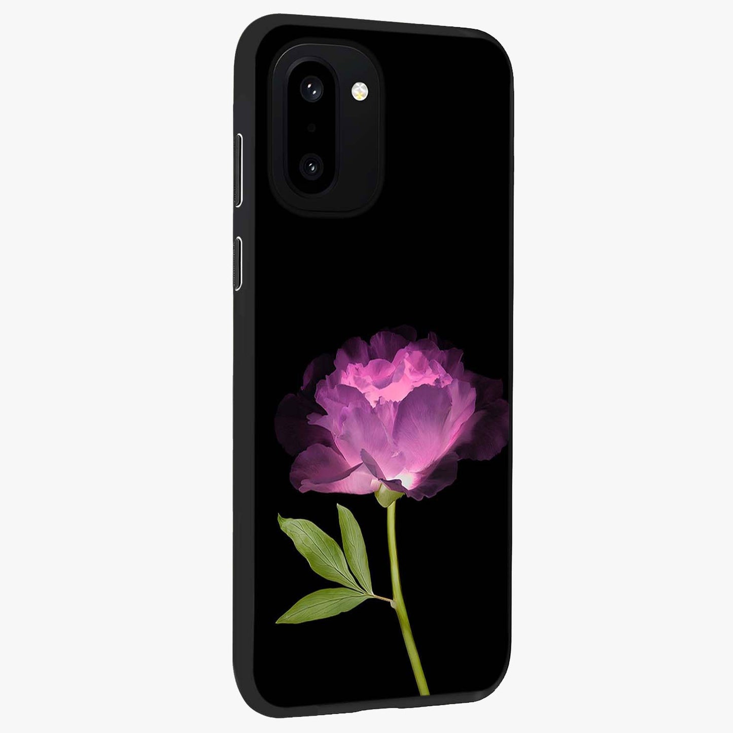 Glow Petal Bloom Glass Case for 1+15R side perspective highlighting glowing bloom textures and sleek edges