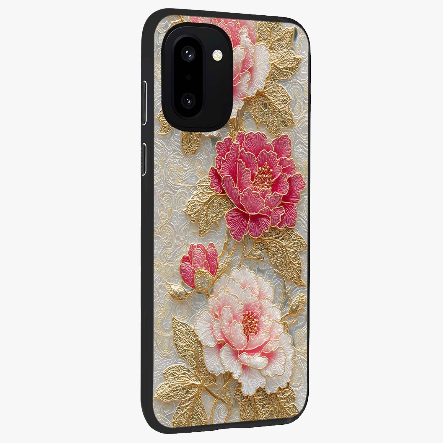 Golden Celestial Charm Glass Case for 1+15R side perspective highlighting luminous detailing and premium edge finish