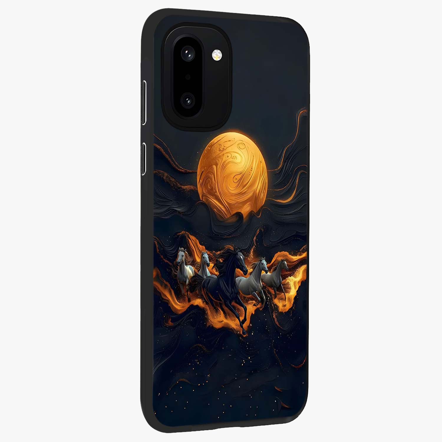 Golden Sun Majesty Glass Case for 1+15R side perspective highlighting glowing sun detailing and premium edges
