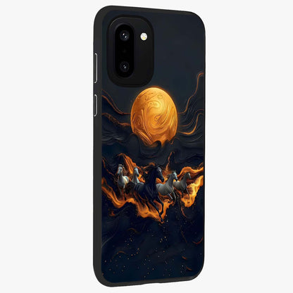 Golden Sun Majesty Glass Case for 1+15R side perspective highlighting glowing sun detailing and premium edges