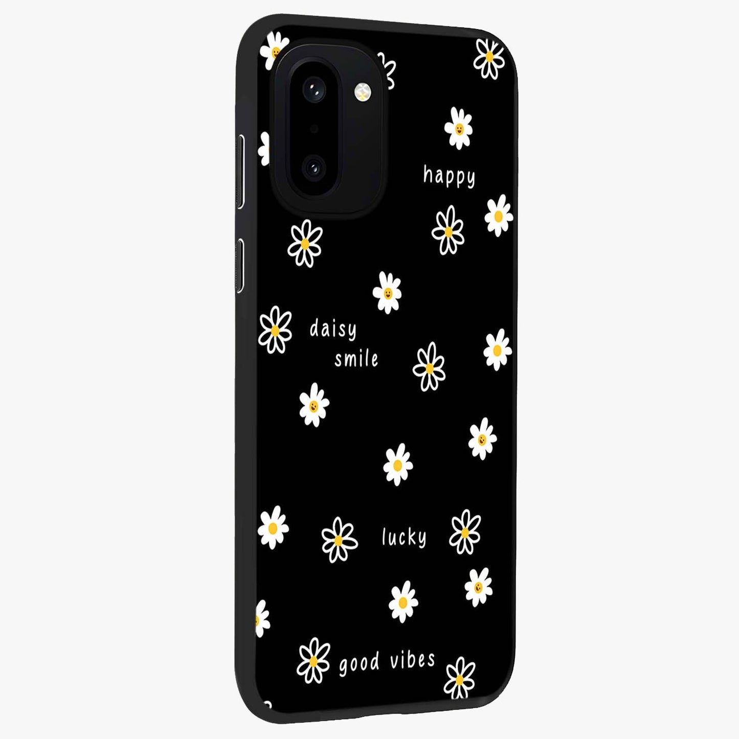 Good Vibes Daisy Black Pattern Glass Case for 1+15R side perspective highlighting playful daisy detailing and smooth edges