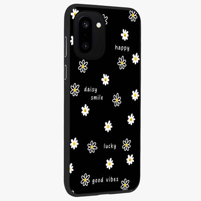 Good Vibes Daisy Black Pattern Glass Case for 1+15R side perspective highlighting playful daisy detailing and smooth edges