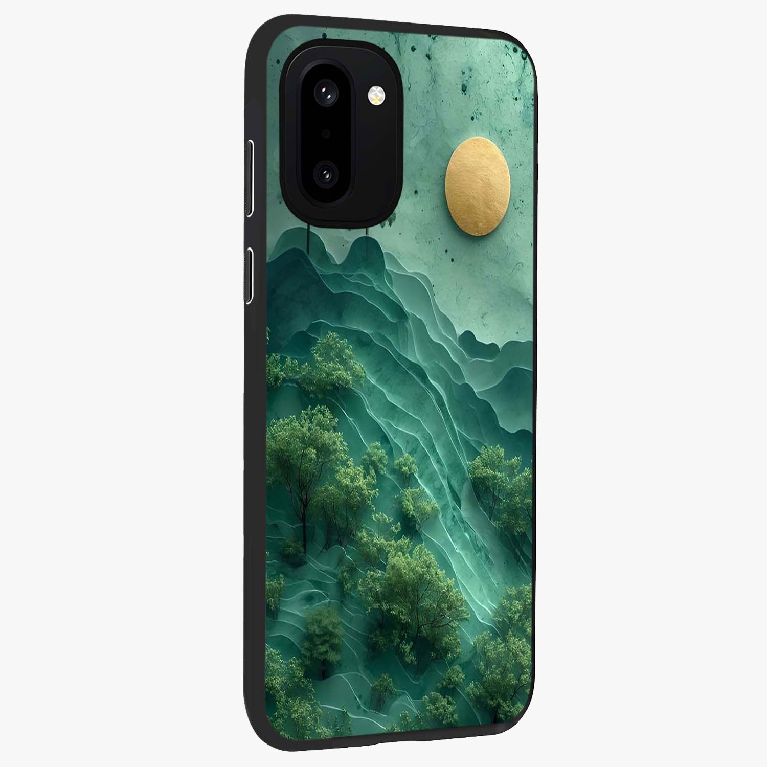 Green Hills With Sun Glass Case for 1+15R side perspective highlighting serene landscape textures and premium build