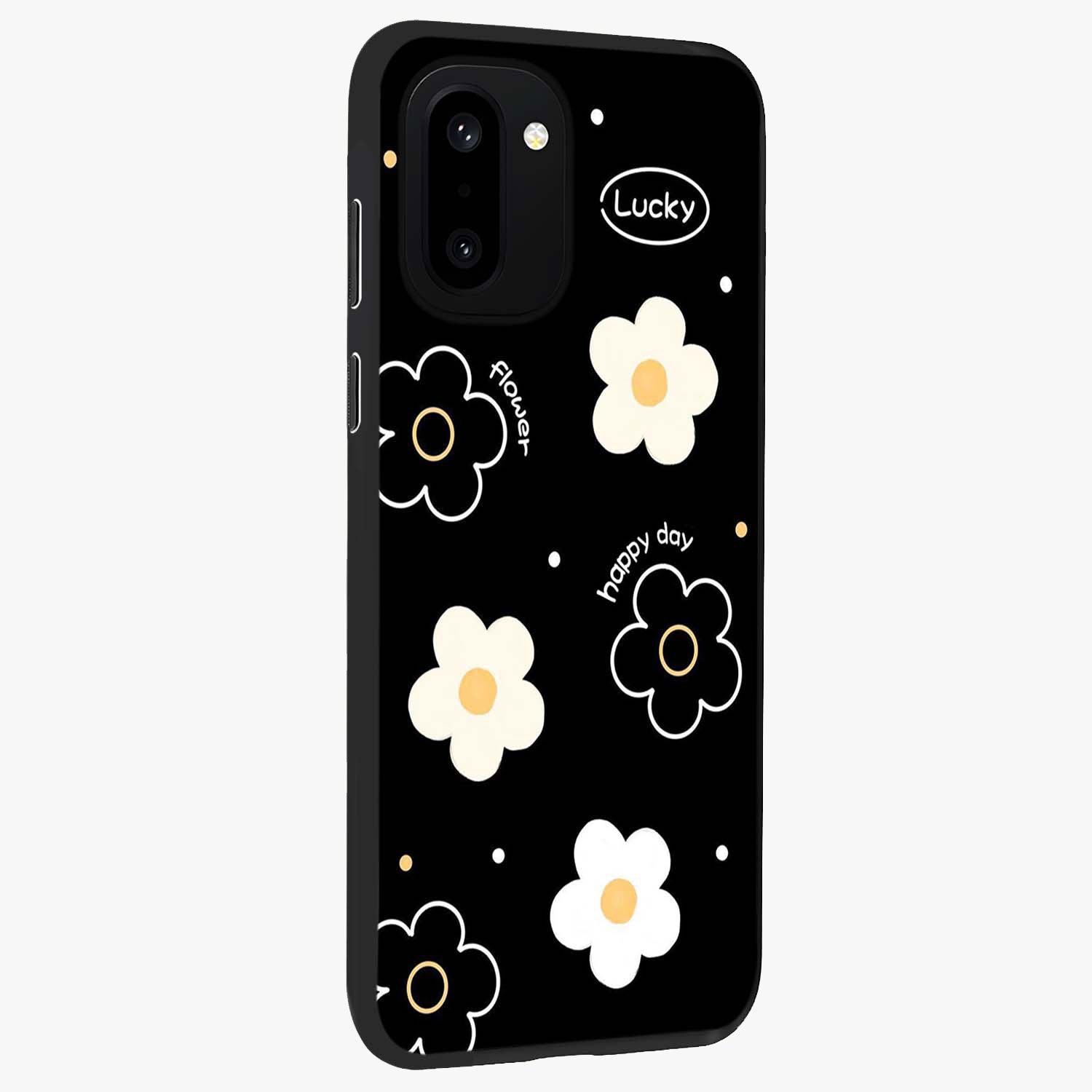 Happy Day Daisy Glass Case for 1+15R side perspective highlighting fresh floral textures and premium edges