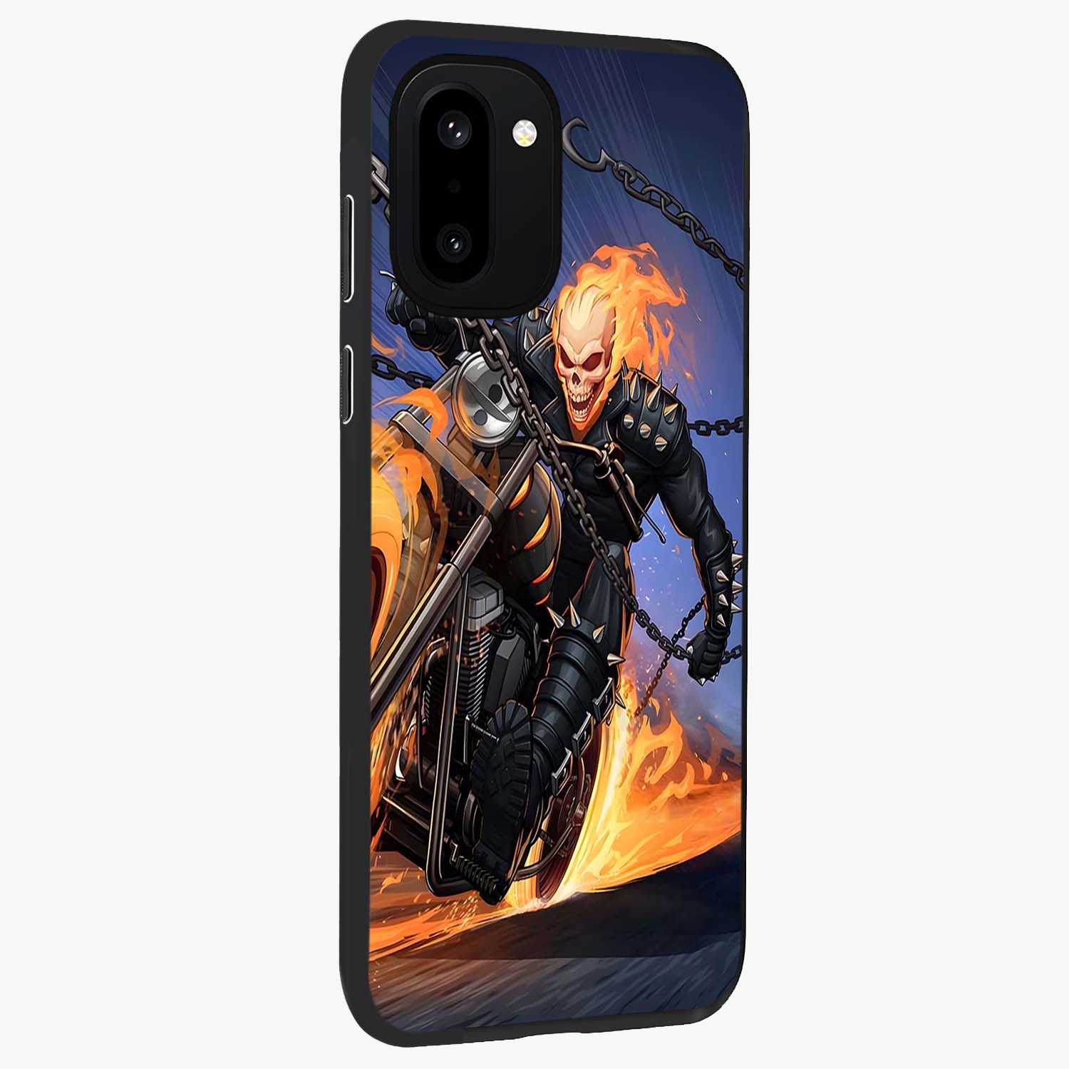 Inferno Chain Rider Glass Case for 1+15R displayed upright for bold action visibility and premium finish.