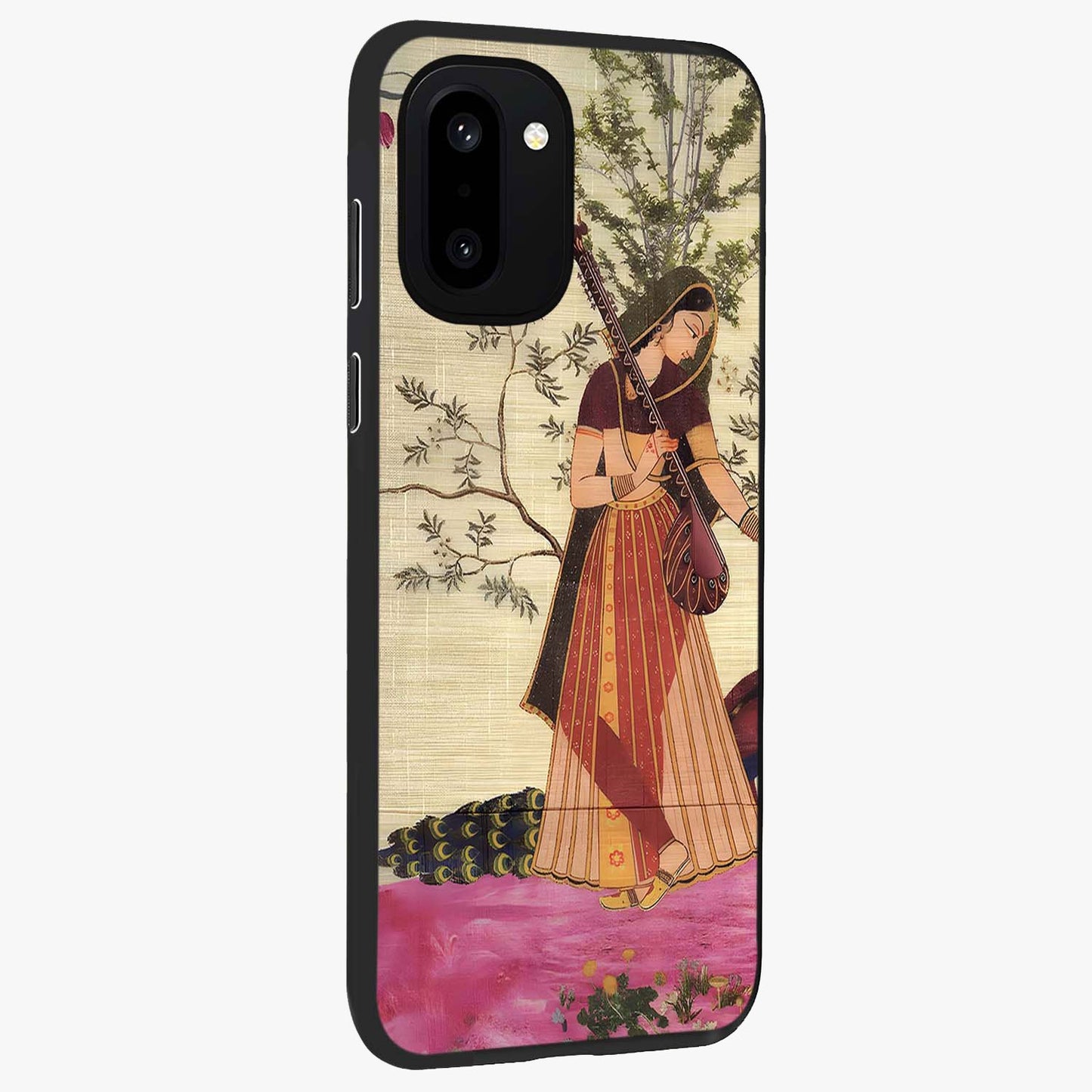 Lady With Veena Art Glass Case for 1+15R side perspective highlighting graceful illustration textures and sleek build