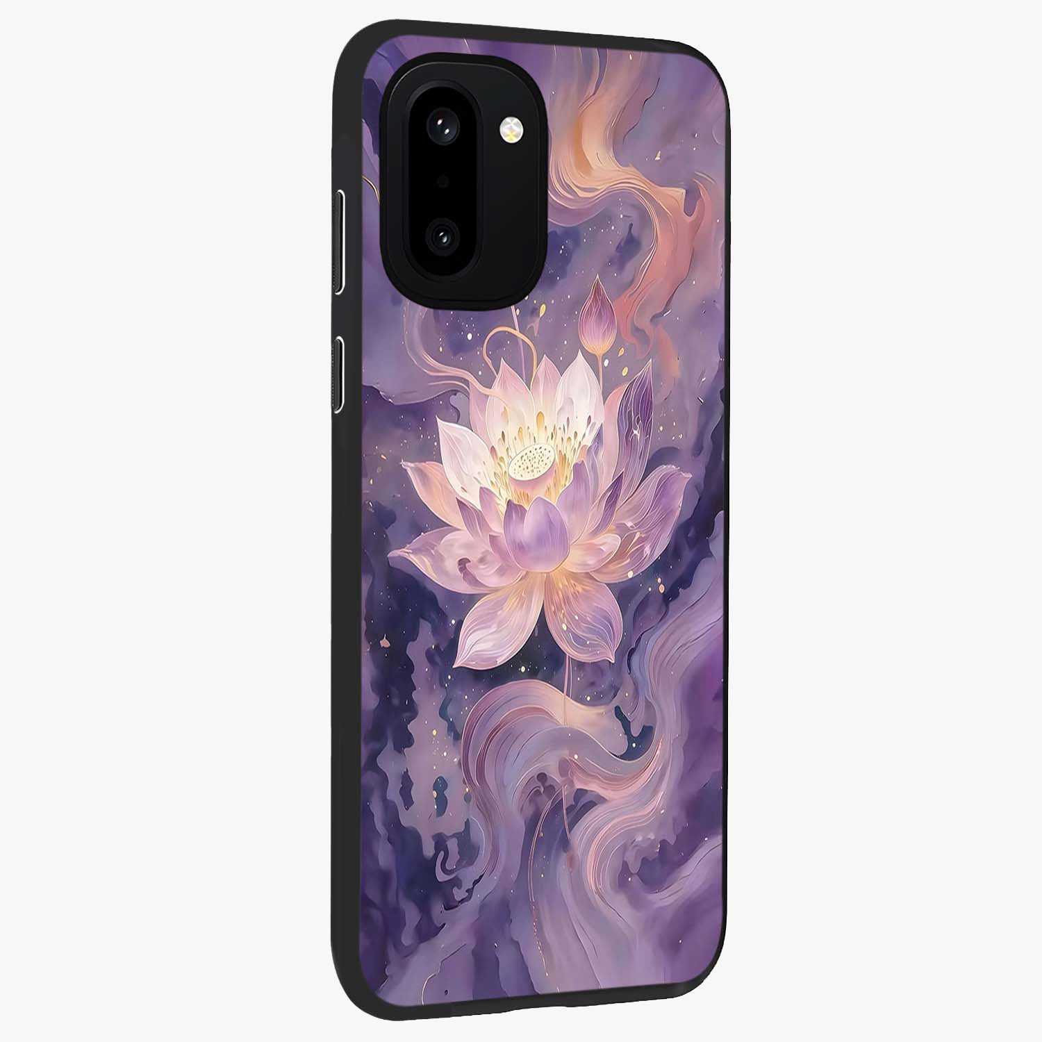 Lavender Lotus Muse Glass Case for 1+15R side perspective highlighting serene lotus textures and premium edges