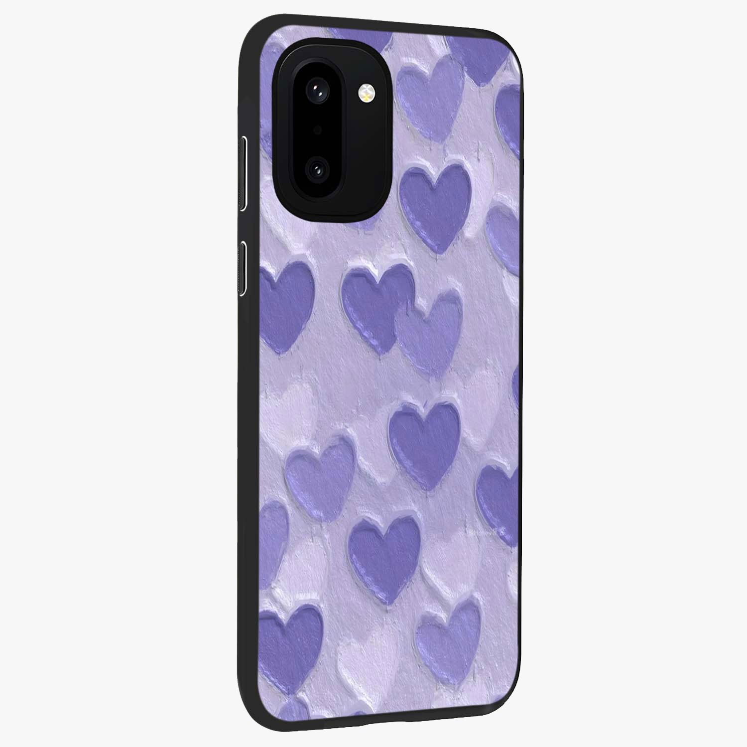Lavender Paper Hearts Glass Case for 1+15R side perspective highlighting delicate heart textures and sleek build