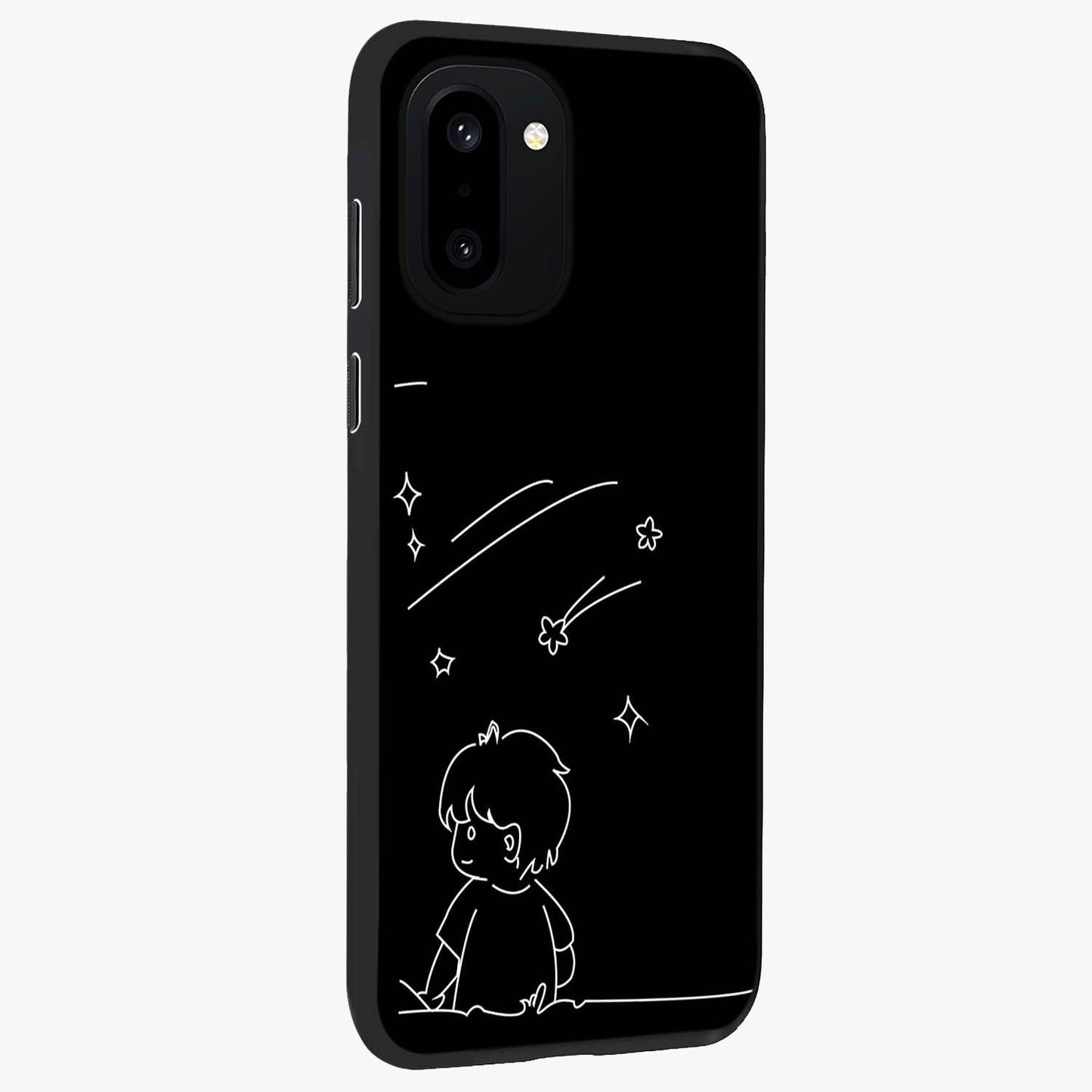 Line Art Boy With Shooting Stars Glass Case for 1+15R side perspective highlighting delicate line textures and smooth edges