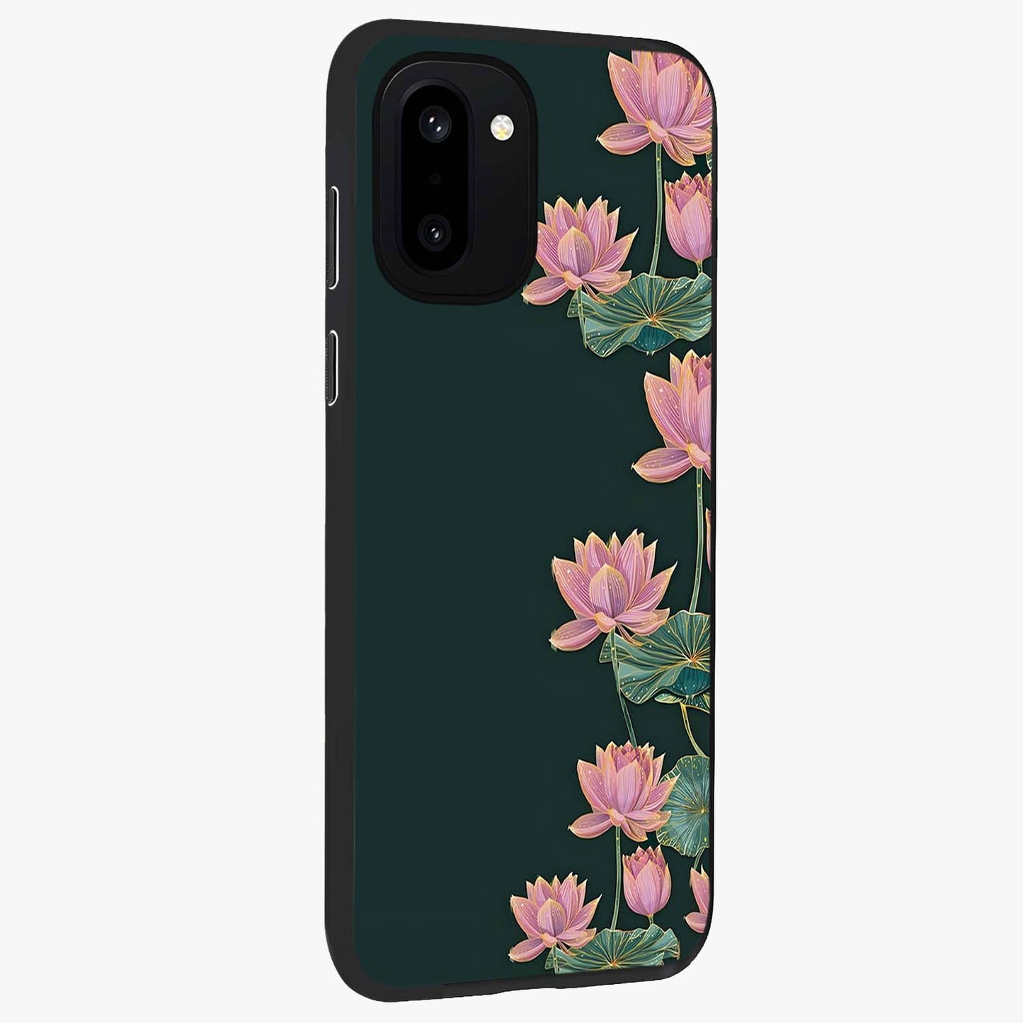 Lotus Bloom Serenity Glass Case for 1+15R side perspective highlighting delicate petal textures and premium edges