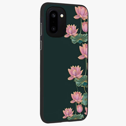 Lotus Bloom Serenity Glass Case for 1+15R side perspective highlighting delicate petal textures and premium edges
