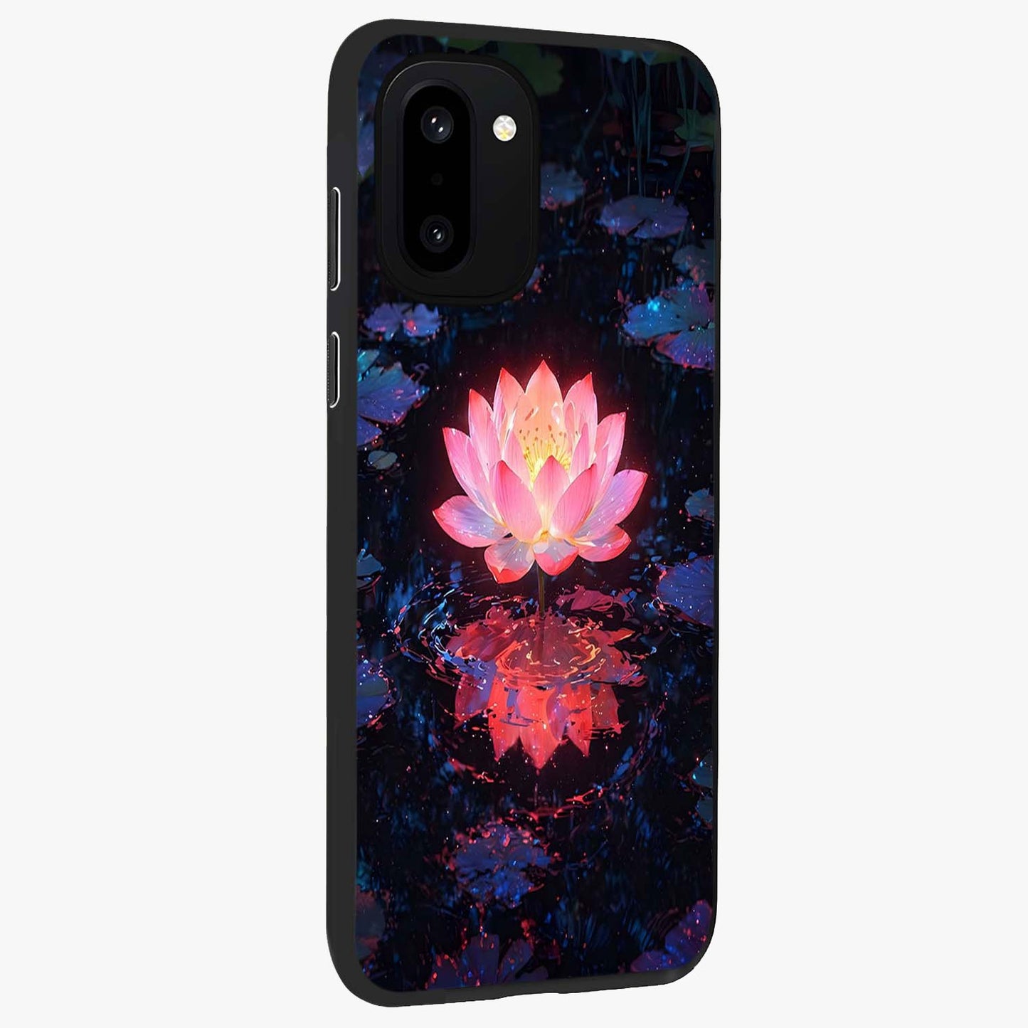 Luminous Lotus Glow Glass Case for 1+15R side perspective highlighting serene floral textures and premium edges