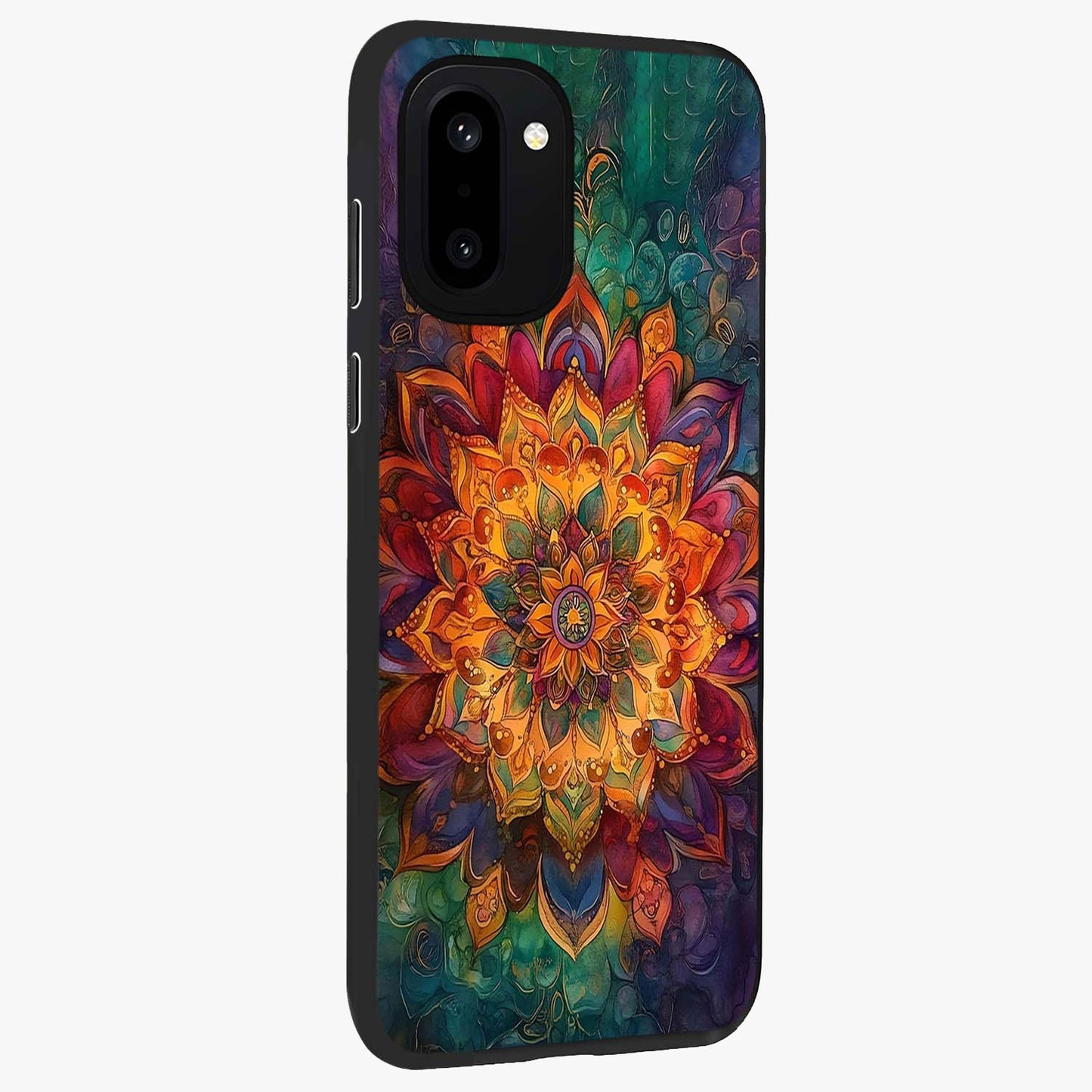 Mandala Vibrants Glass Case for 1+15R side perspective highlighting vibrant ornamental textures and premium edges