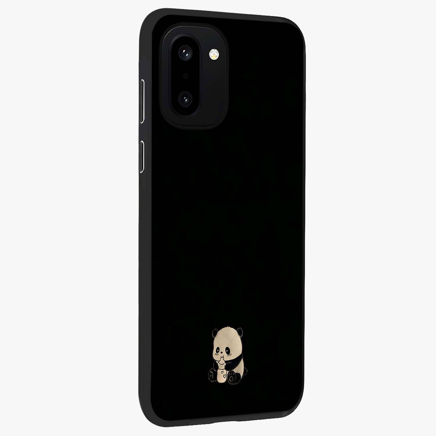 Midnight Panda Love Glass Case for 1+15R side perspective highlighting charming illustration details and premium build