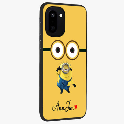 Minion Custom Name Glass Case for 1+15R side perspective highlighting custom typography and smooth premium build