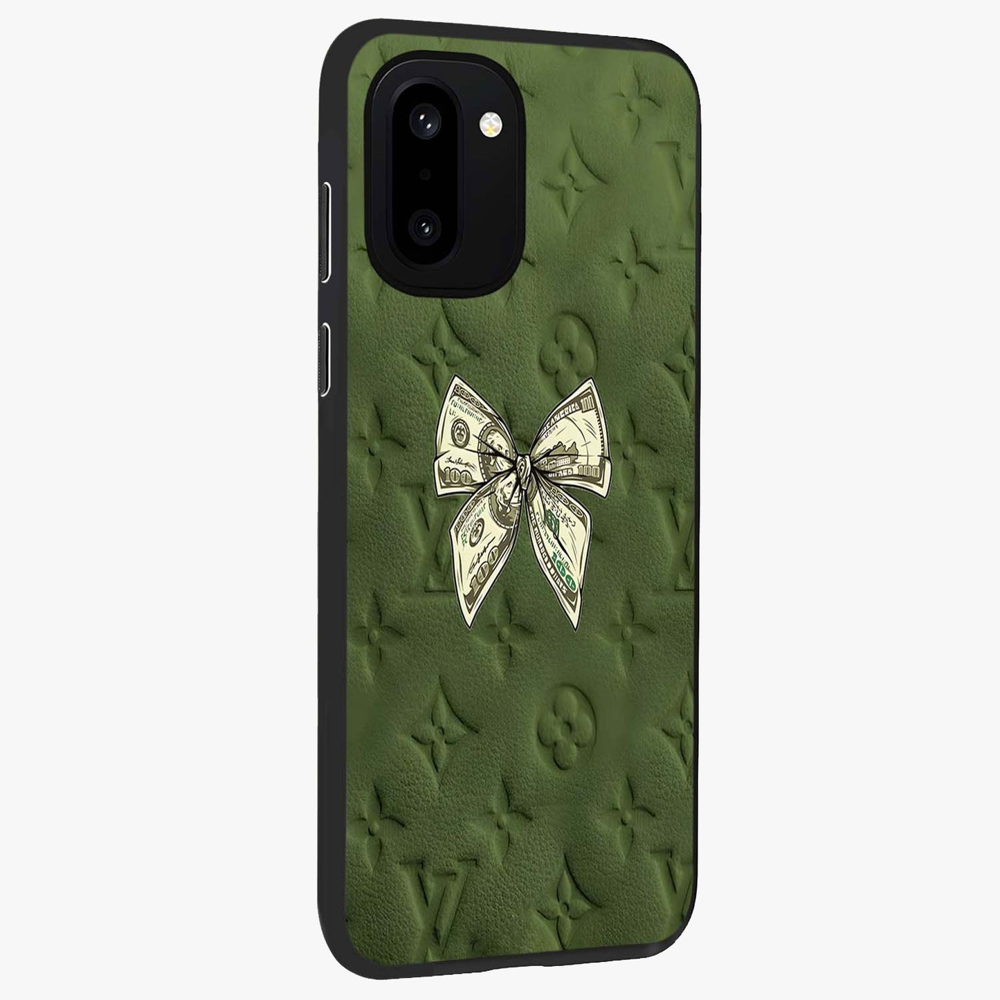 Money Bow Lv Glass Case for 1+15R side perspective highlighting stylish textures and sleek build
