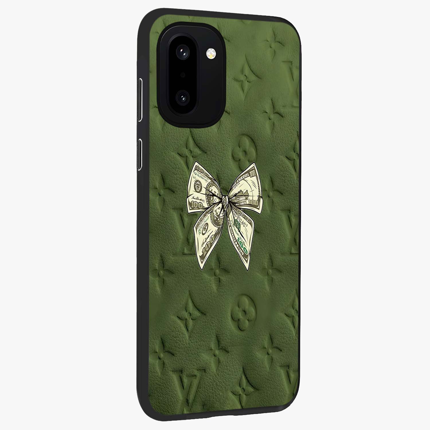 Money Bow Lv Glass Case for 1+15R side perspective highlighting stylish textures and sleek build