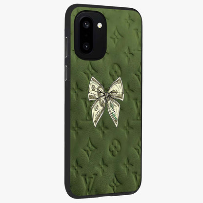 Money Bow Lv Glass Case for 1+15R side perspective highlighting stylish textures and sleek build