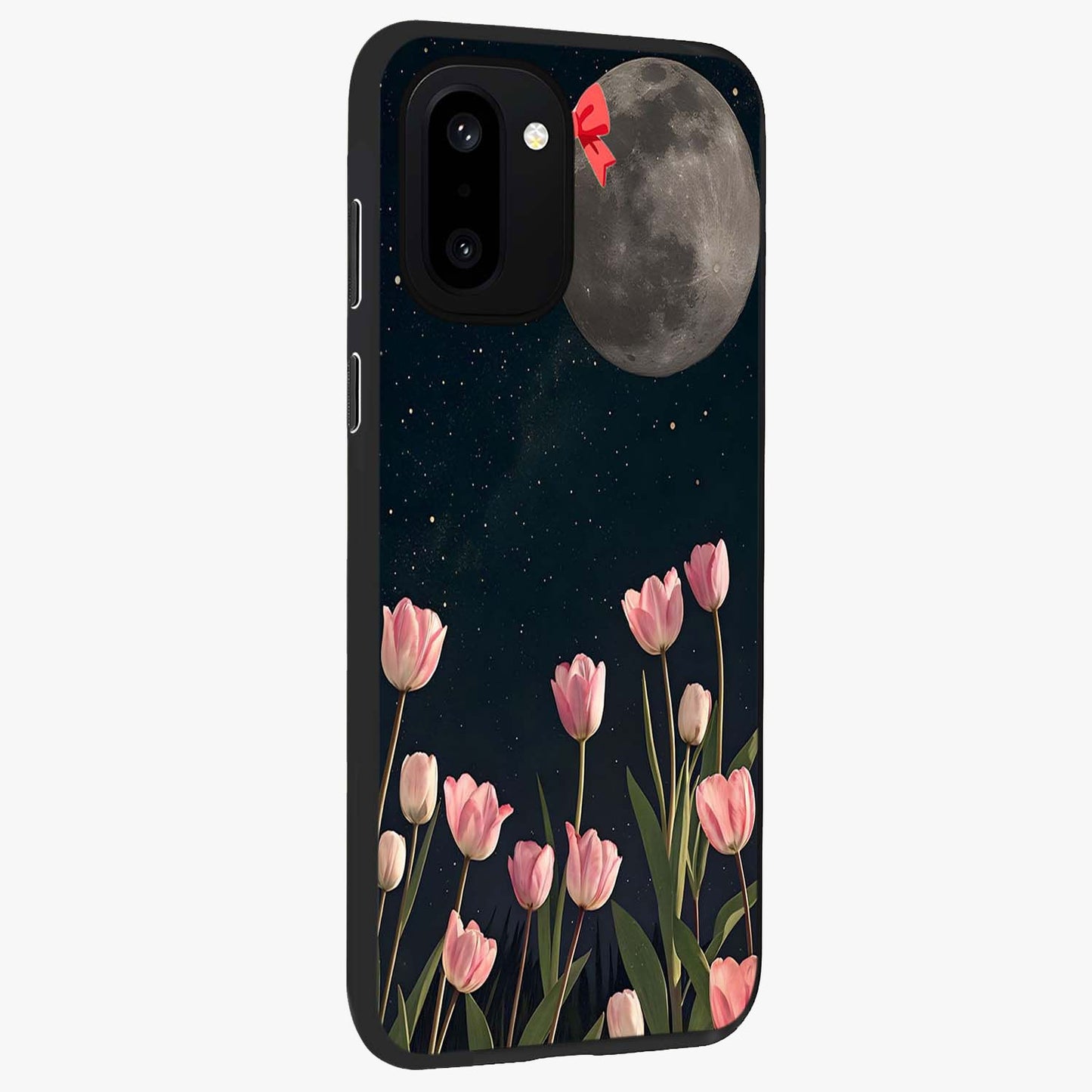 Moonlit Night Tulip Glass Case for 1+15R side perspective highlighting delicate petal textures and sleek build