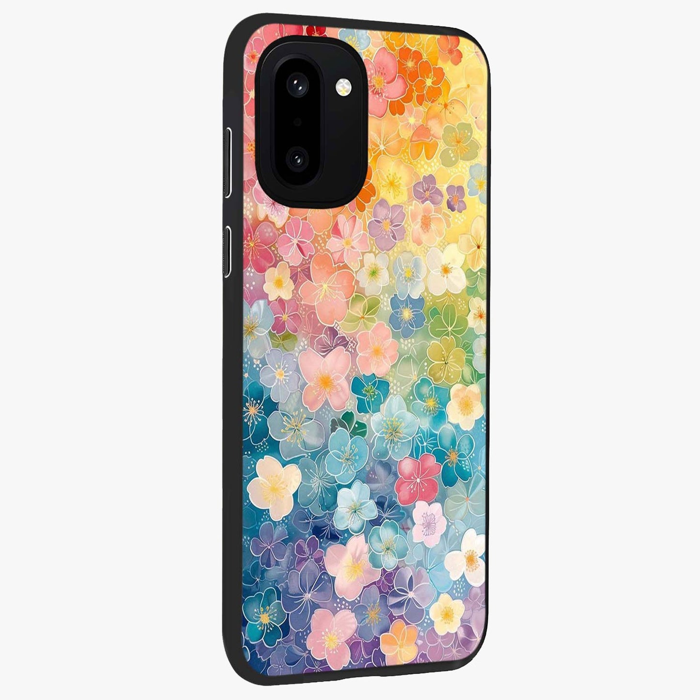 Multiple Background With Flower Glass Case for 1+15R side perspective highlighting rich floral textures and premium edges