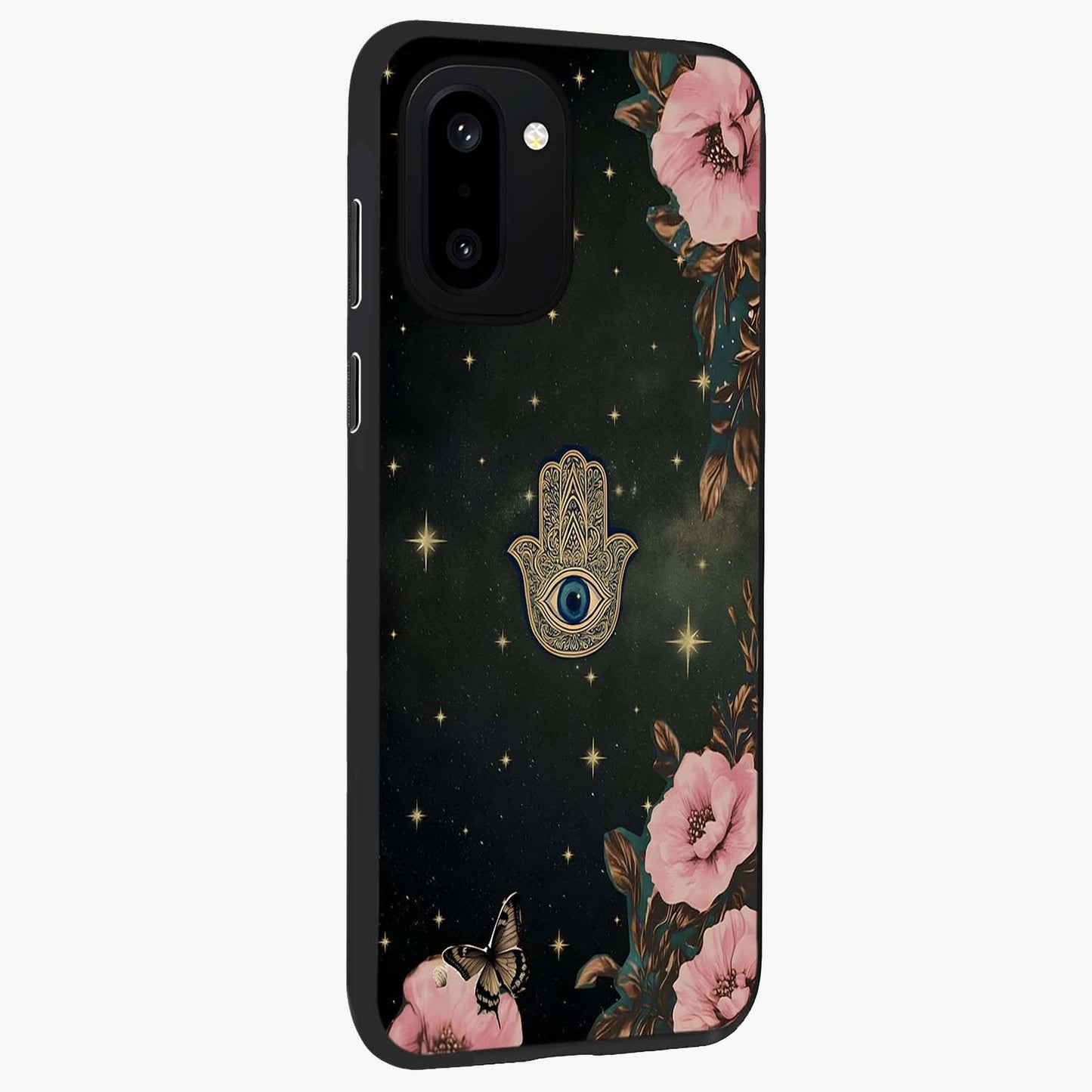 Mystic Bloom Protection Glass Case for 1+15R side perspective highlighting intricate bloom textures and sleek build
