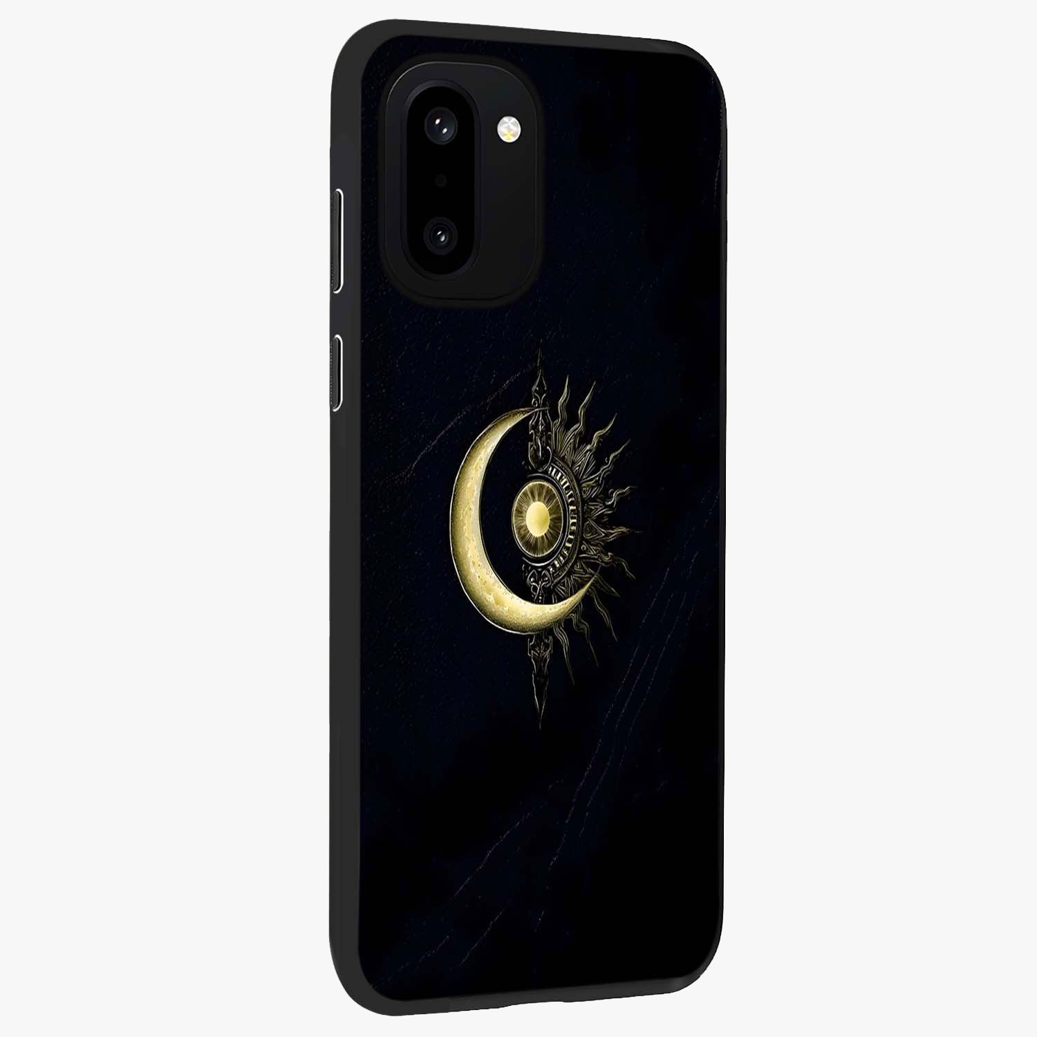 Mystic Lunar Flame Glass Case for 1+15R side perspective highlighting intense flame textures and premium build