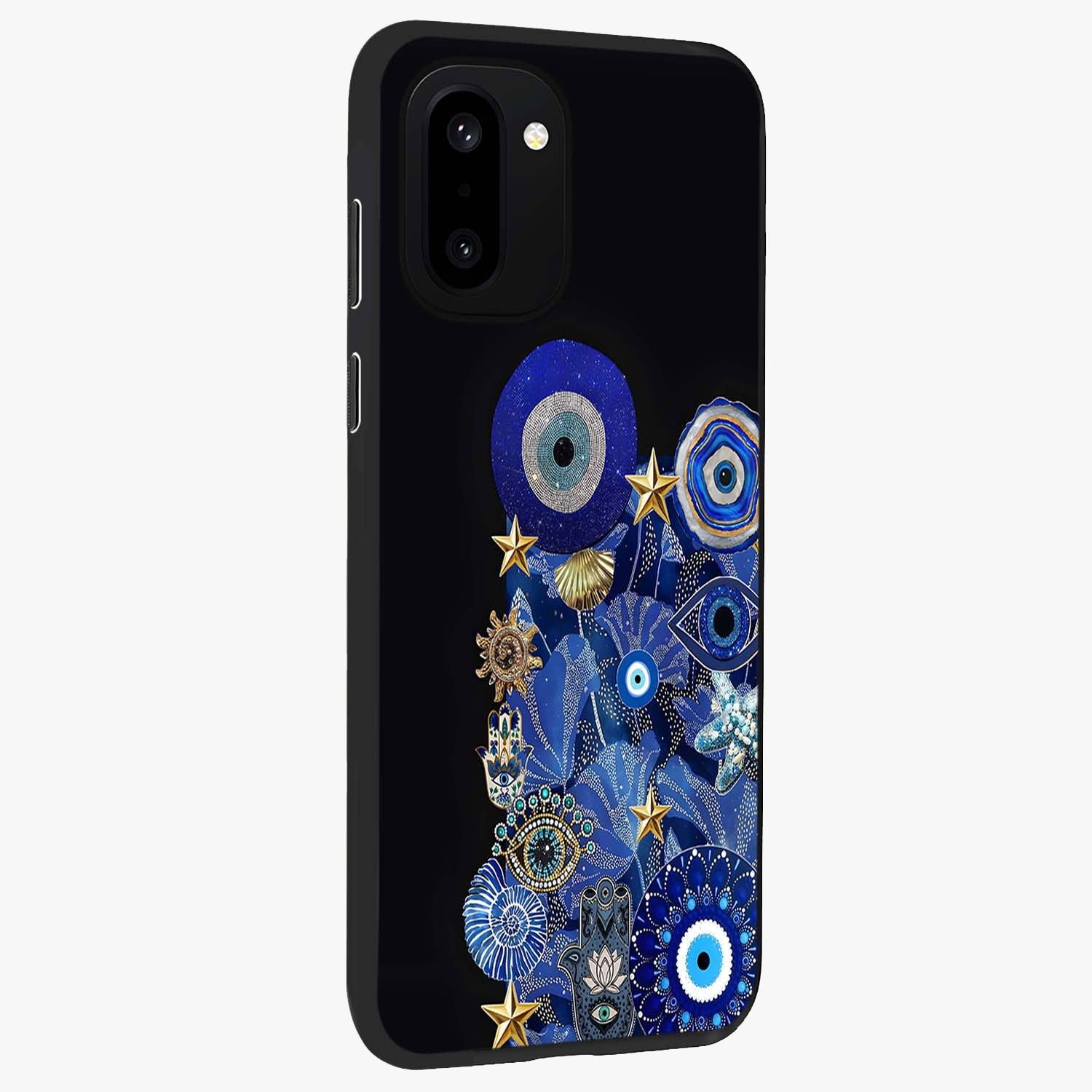 Mystic Ocean Eye Glass Case for 1+15R side perspective highlighting intricate eye textures and sleek edges