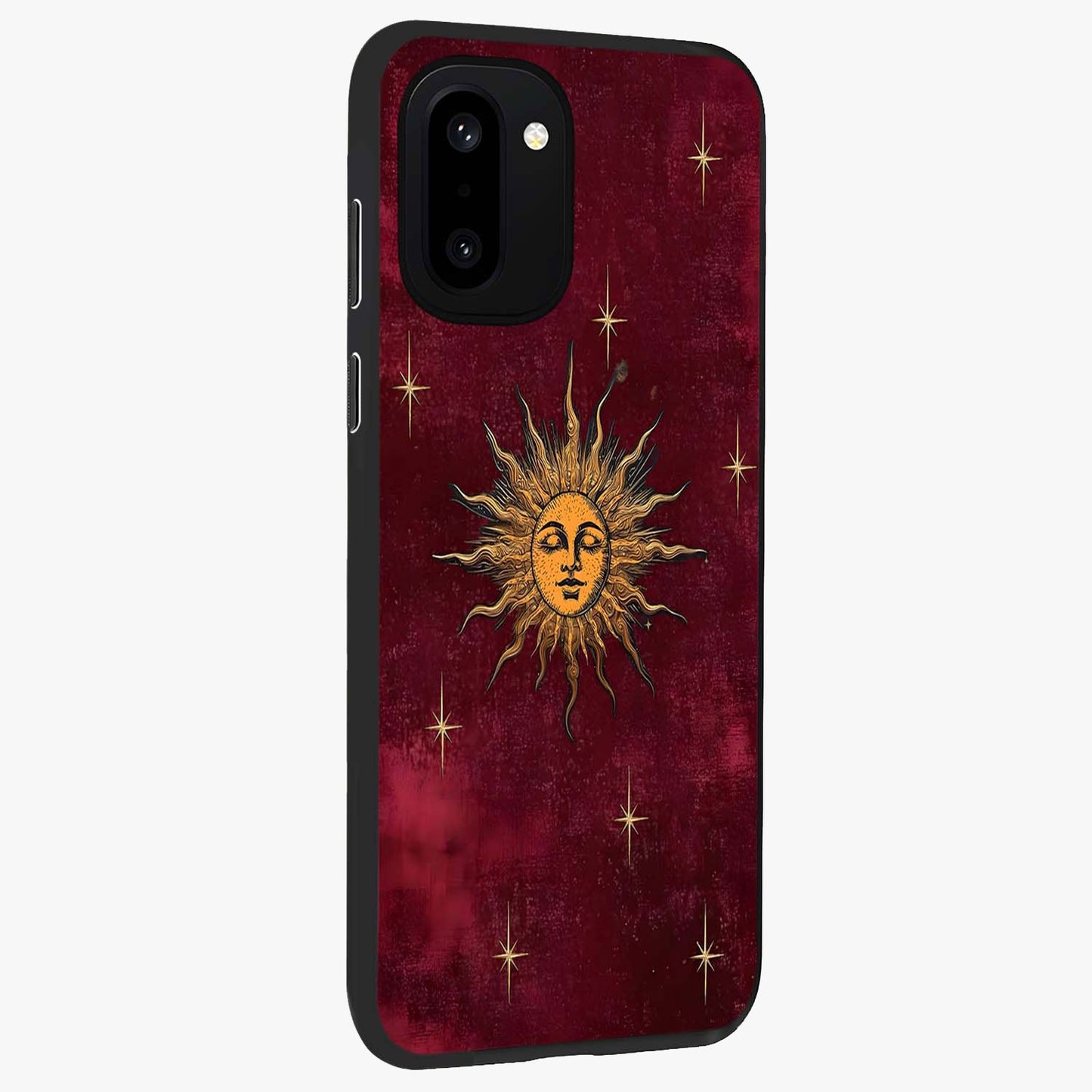 Mystic Solar Glow Glass Case for 1+15R side perspective highlighting luminous detailing and premium edges