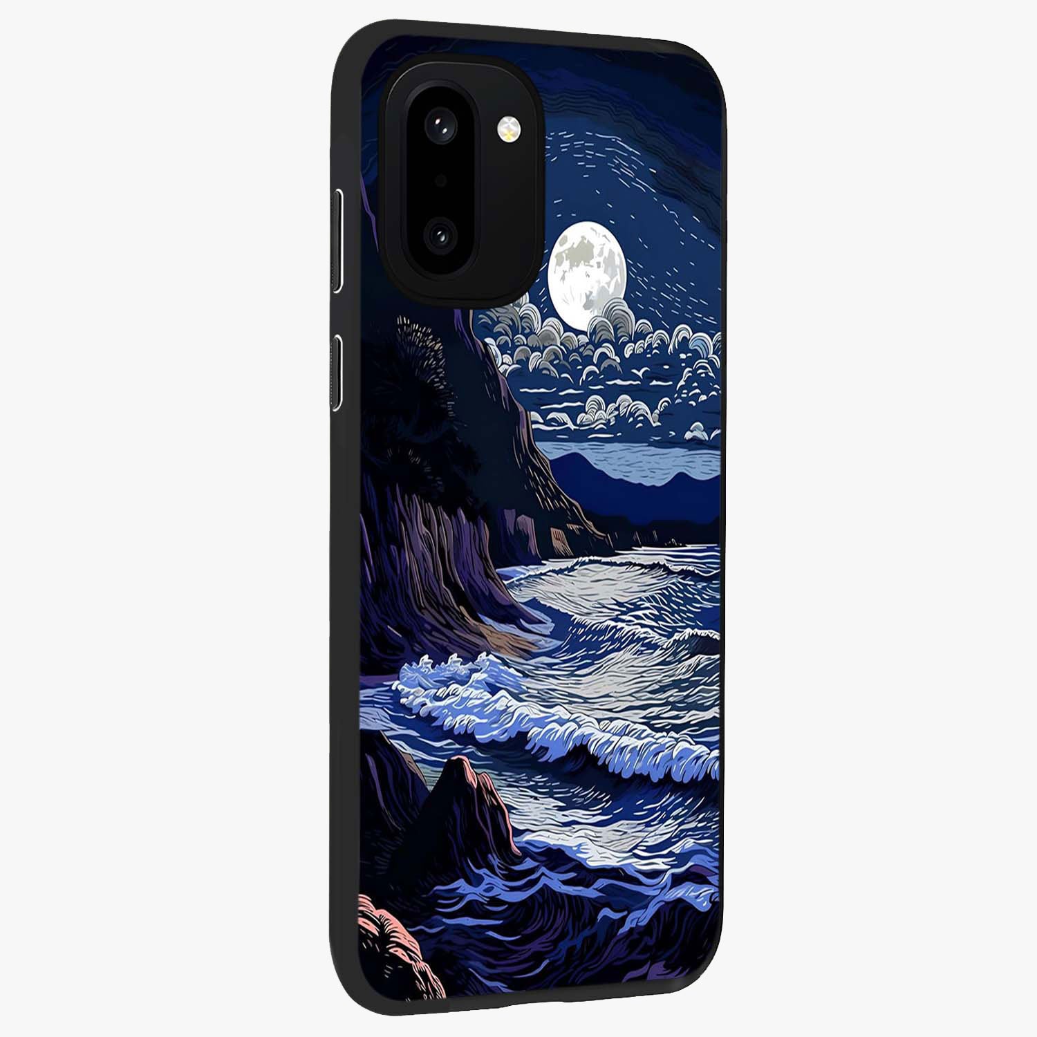 Night Moon Scenery Pattern Glass Case for 1+15R side perspective highlighting calming scenic textures and smooth build