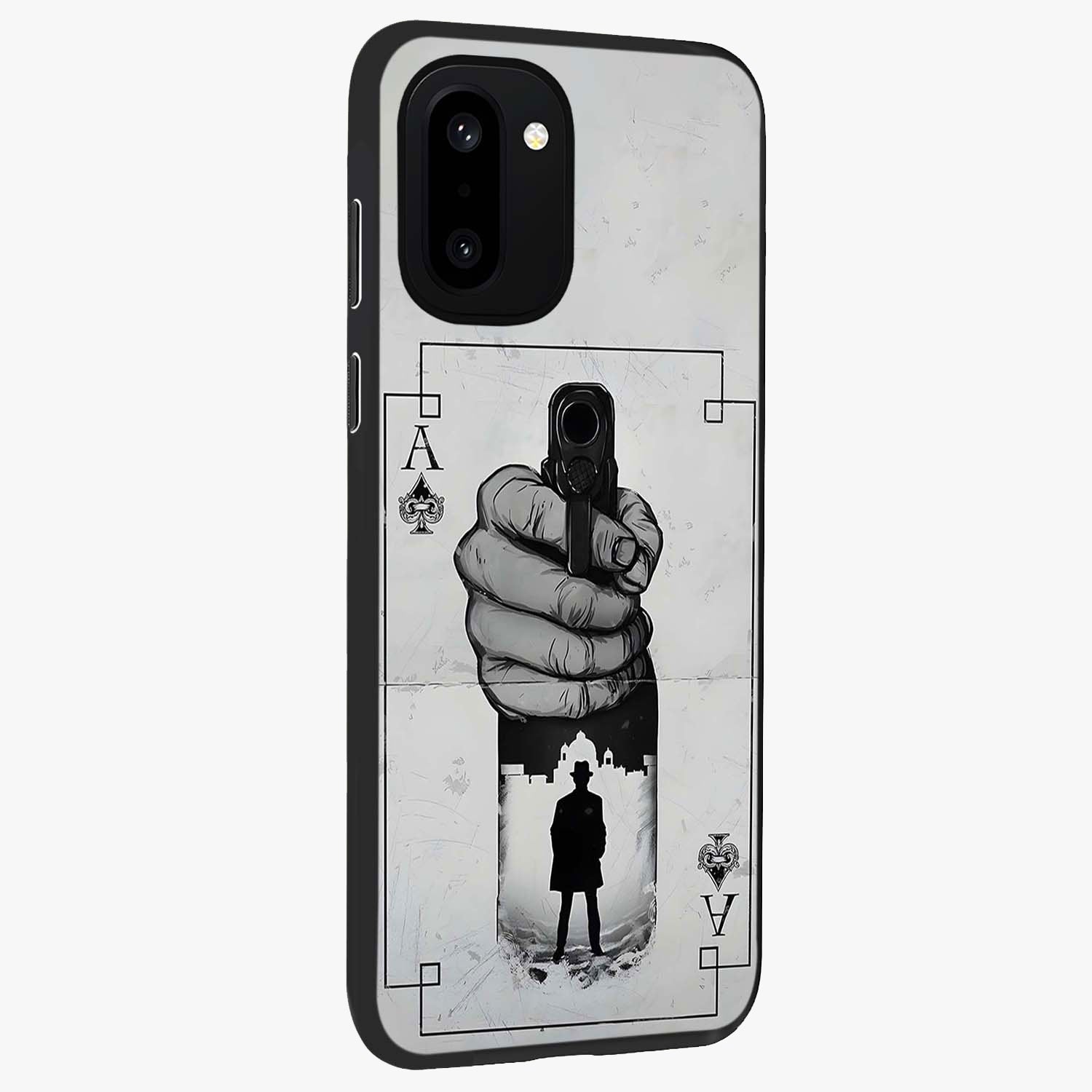 Noir Trigger Fate Glass Case for 1+15R side perspective highlighting strong contrast textures and premium edges