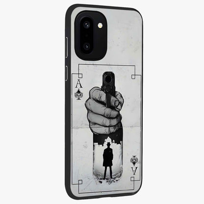 Noir Trigger Fate Glass Case for 1+15R side perspective highlighting strong contrast textures and premium edges