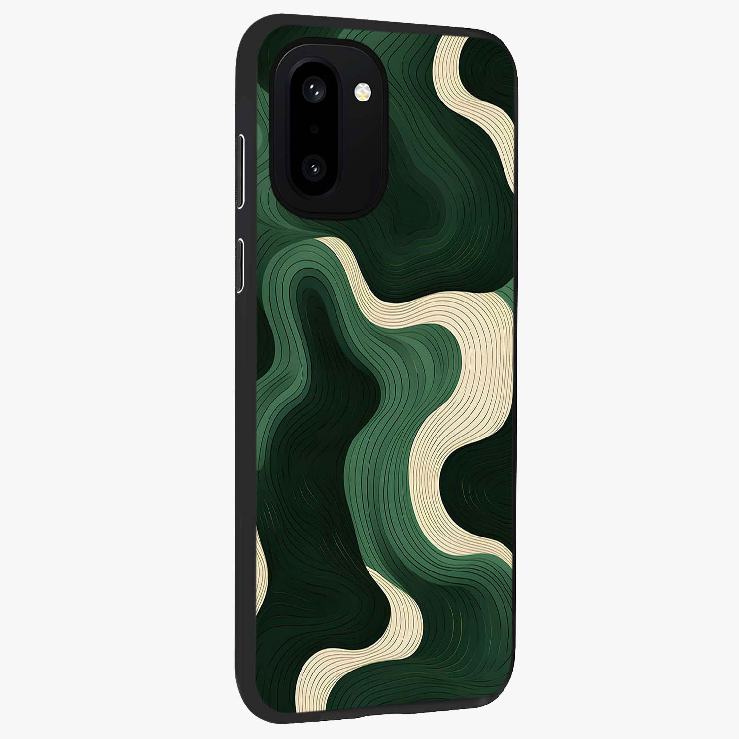 Organic Swirl Design Glass Case for 1+15R side perspective highlighting fluid textures and premium edges