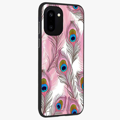 Peacock Feathers Floating Glass Case for 1+15R side perspective highlighting soft feather textures and smooth build