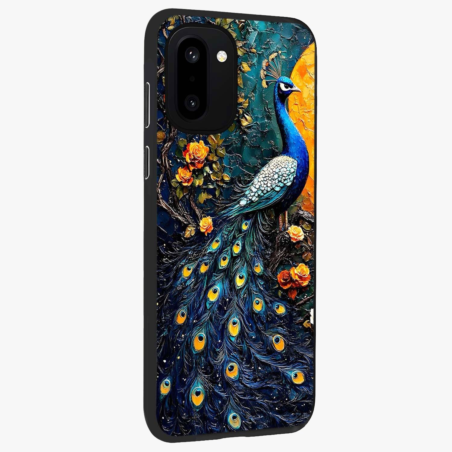 Peacock With Yellow Moon Glass Case for 1+15R side perspective highlighting vibrant plumage detailing and premium edges