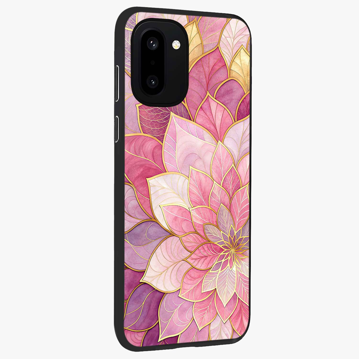 Petal Luxe Bloom Glass Case for 1+15R side perspective highlighting elegant textures and premium edge finish