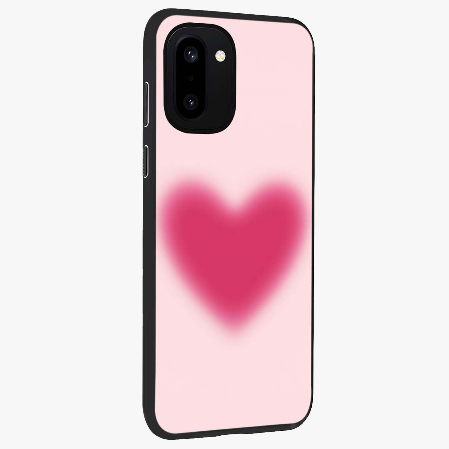 Pink Aura Heart Glass Case for 1+15R side perspective highlighting smooth gradients and premium edges