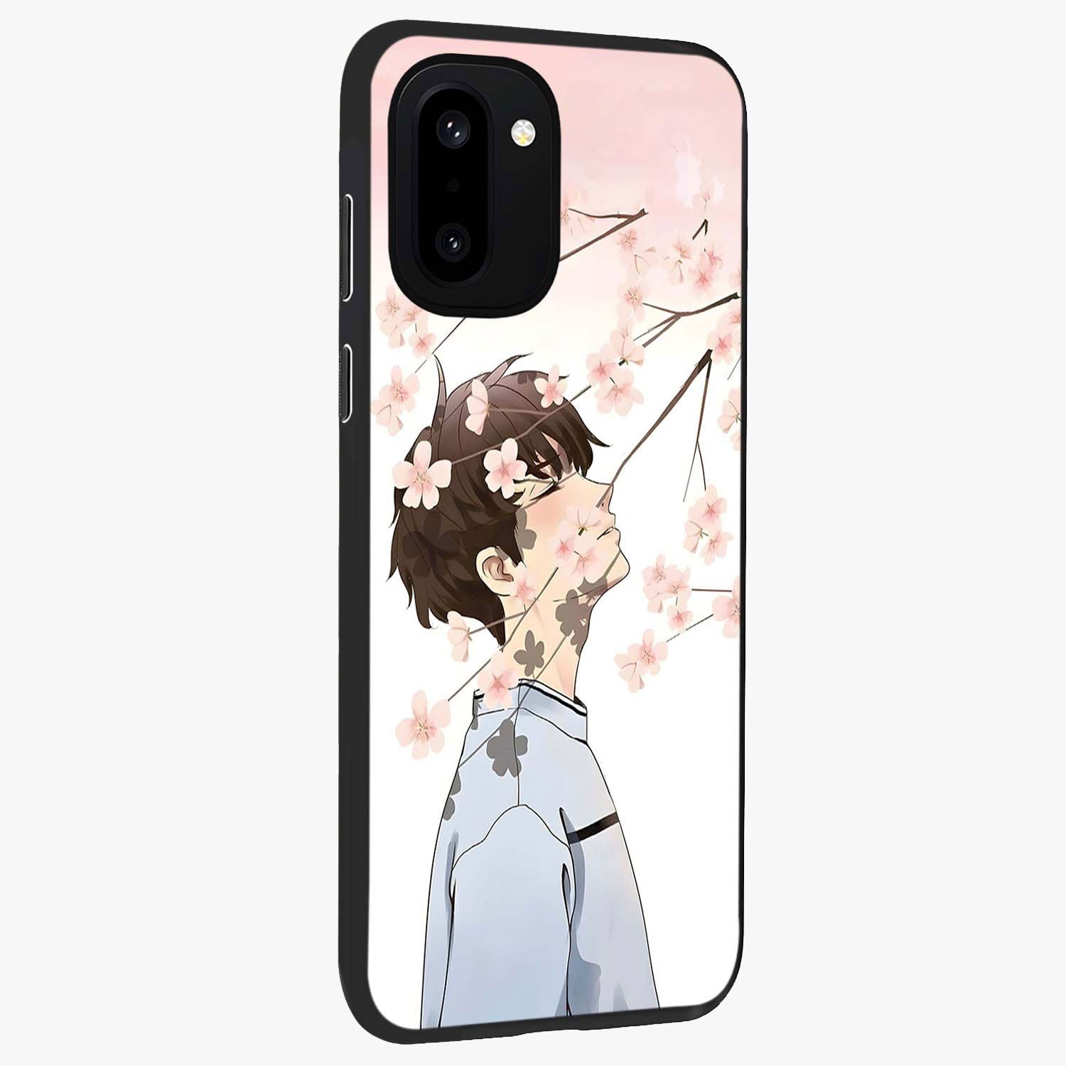 Pink Blossom Boy Glass Case for 1+15R side perspective highlighting delicate floral textures and sleek build