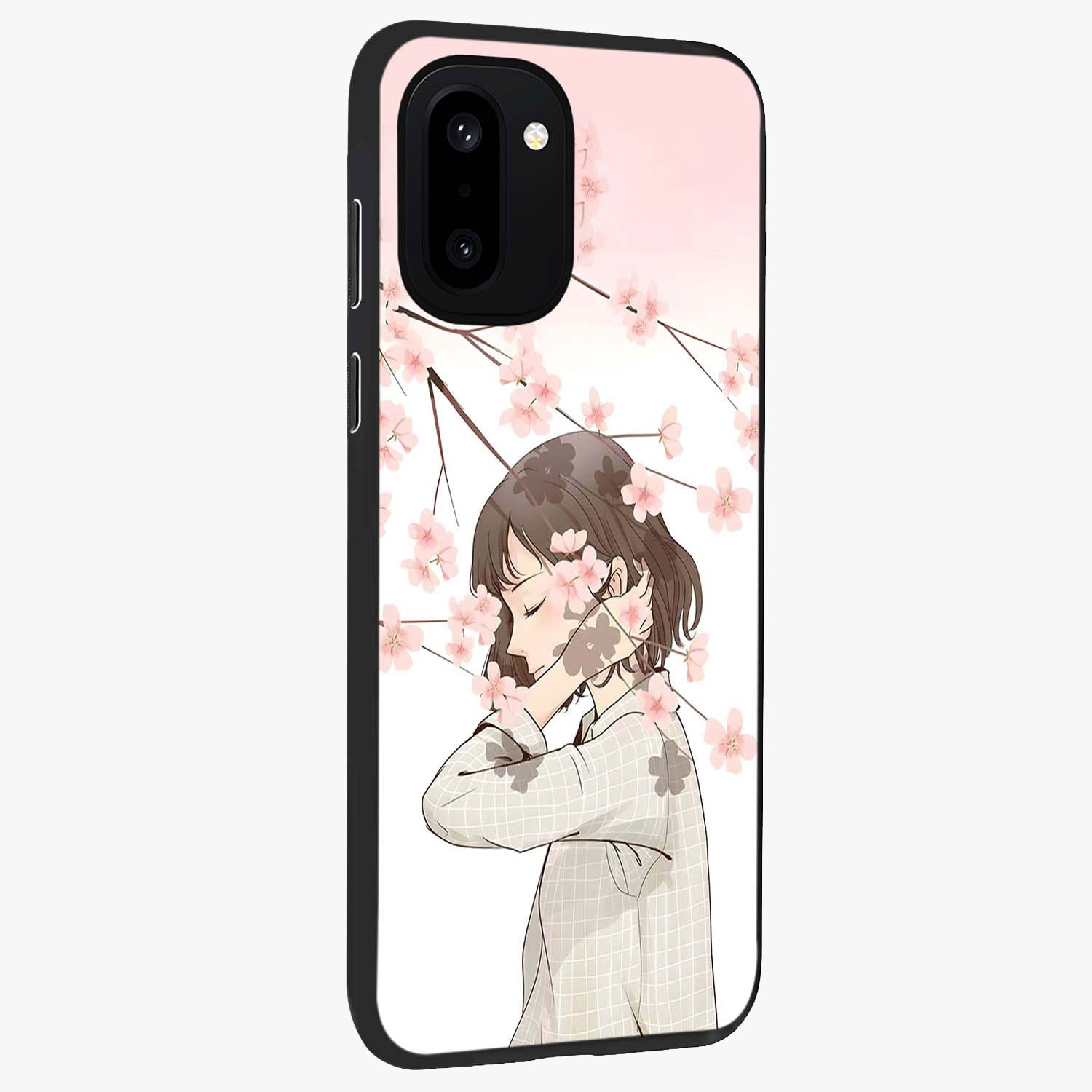 Pink Blossom Girl Glass Case for 1+15R side perspective highlighting elegant textures and premium edges