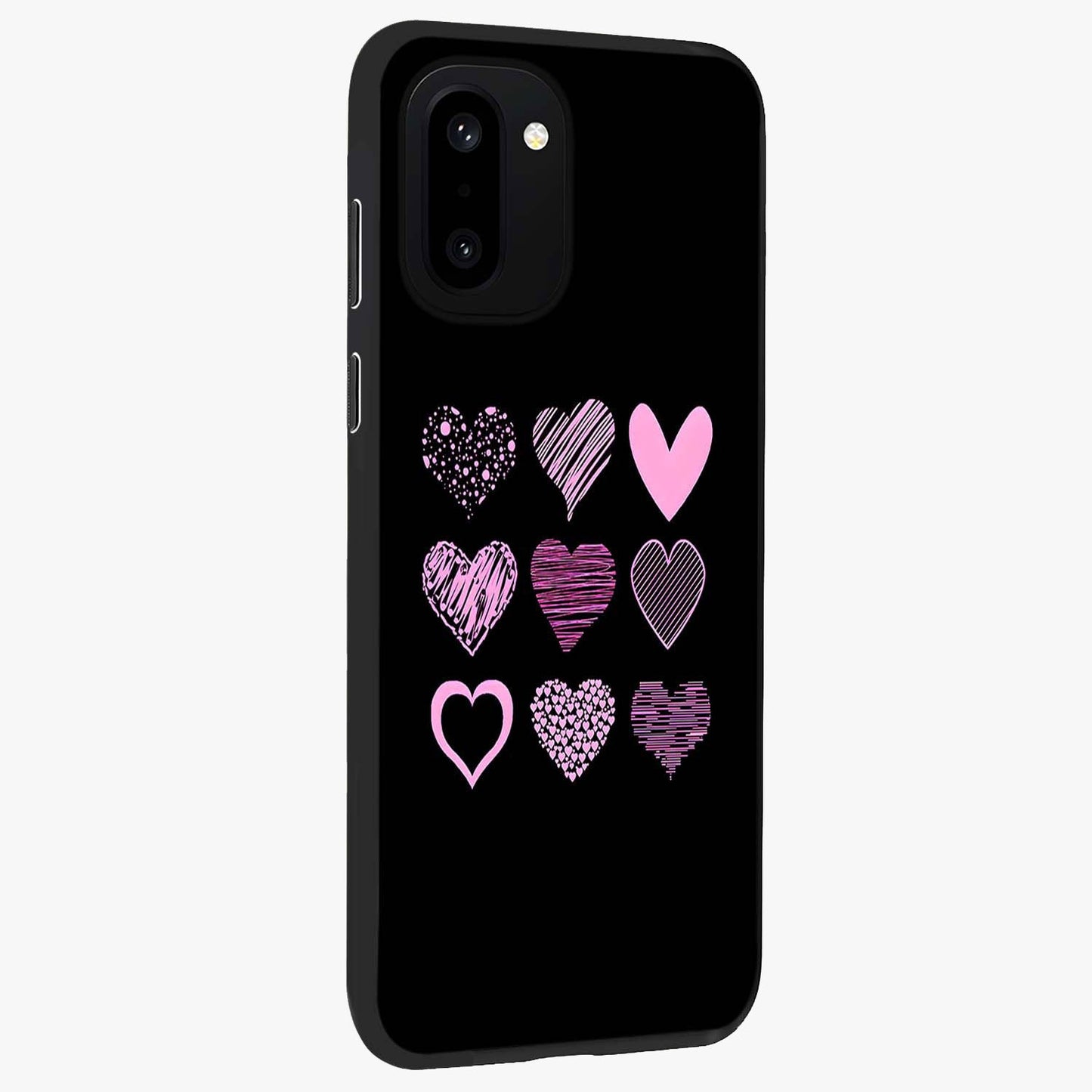 Pink Heart Aesthetic Glass Case for 1+15R side perspective highlighting smooth textures and premium edge finish