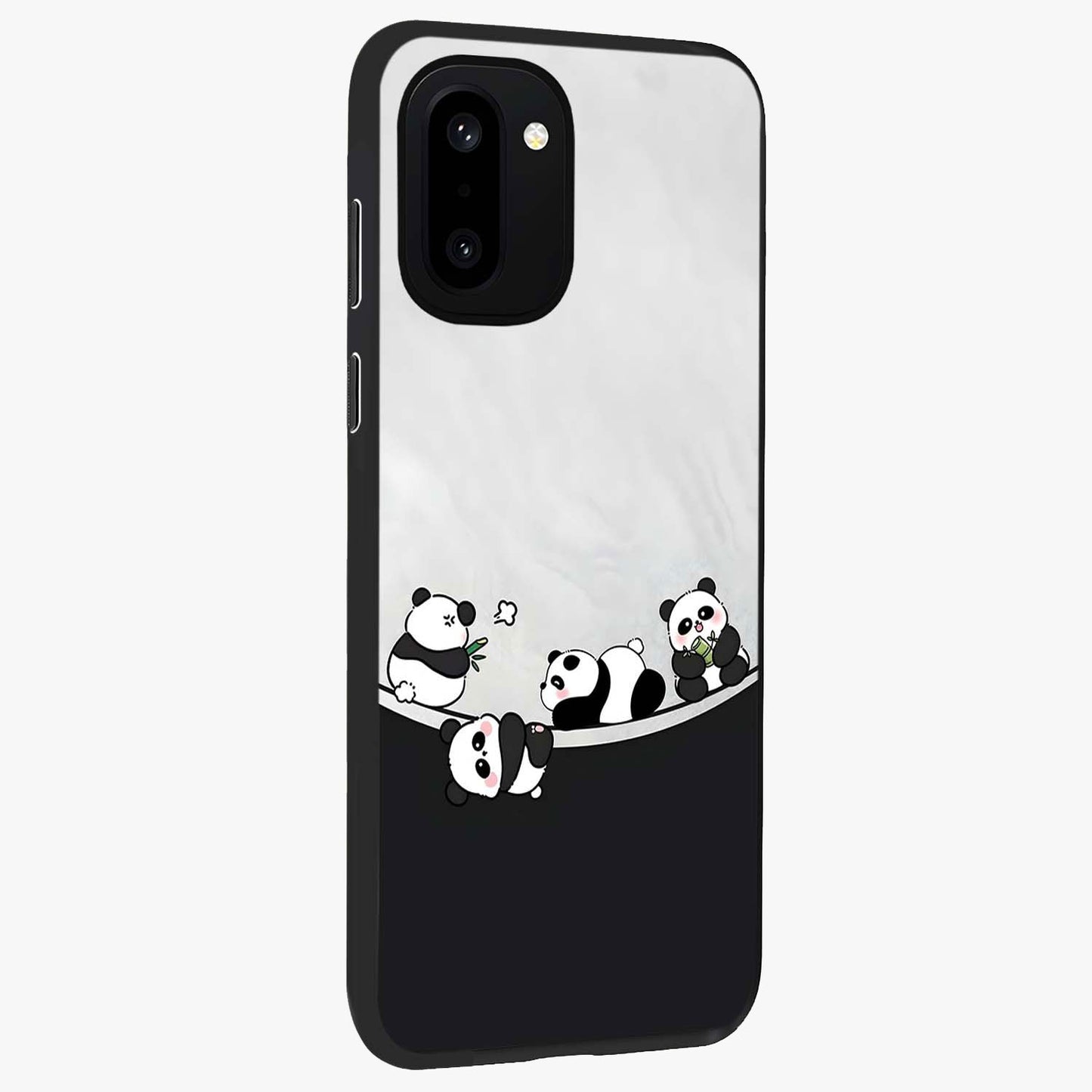 Playful Panda Parade Glass Case for 1+15R side perspective highlighting charming detailing and premium edges