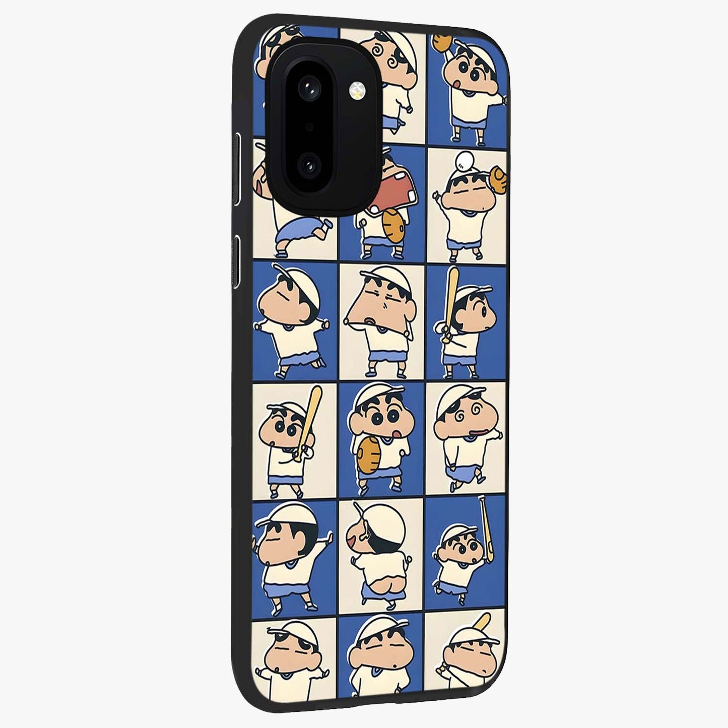 Playful Shin Swing Glass Case for 1+15R side perspective highlighting dynamic illustration textures and sleek build