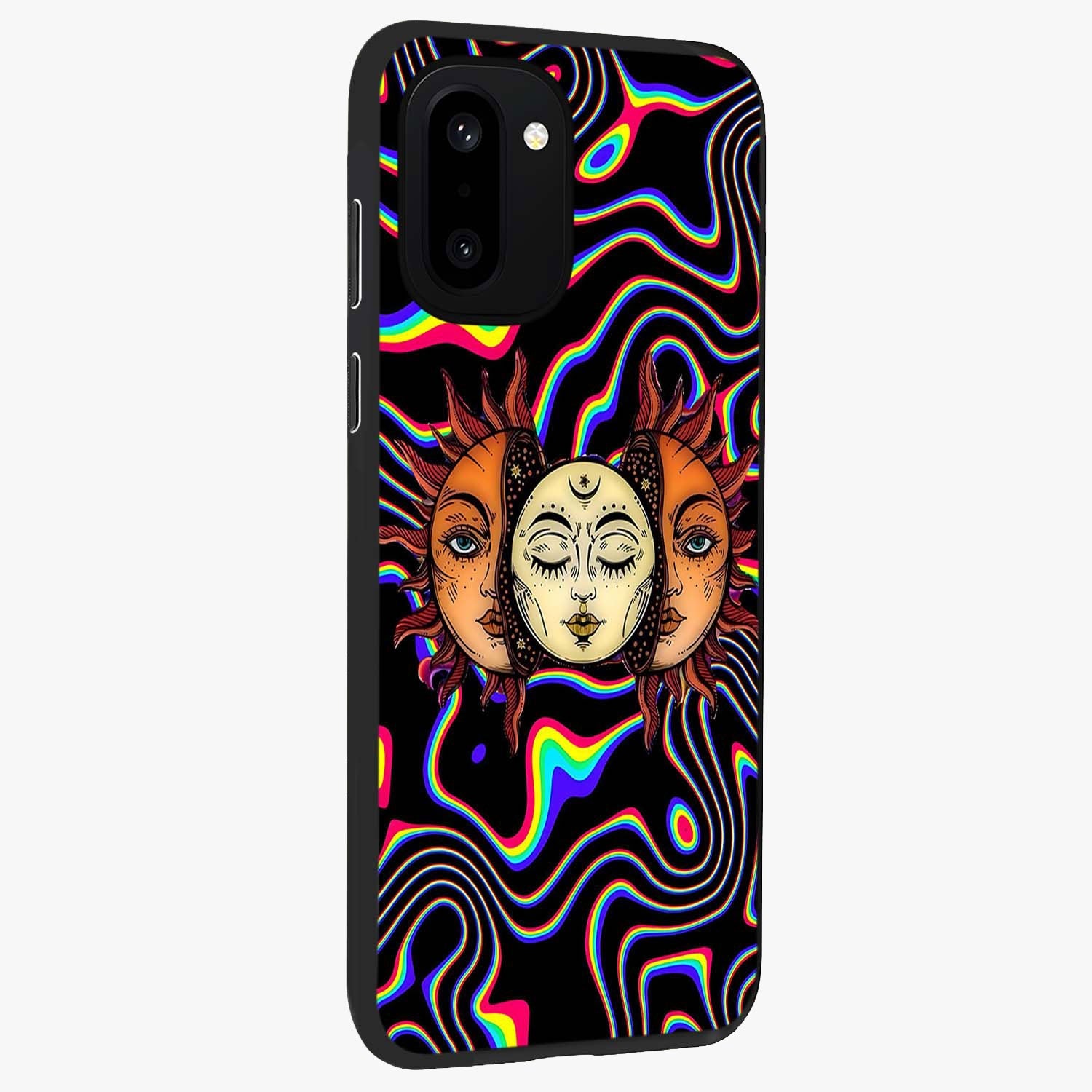 Psychedelic Sun Glass Case for 1+15R side perspective highlighting vivid gradients and premium edge finish