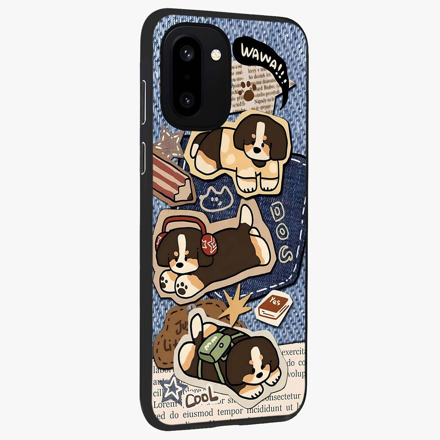 Puppy Sticker Parade Glass Case for 1+15R side perspective highlighting fun sticker textures and premium edges