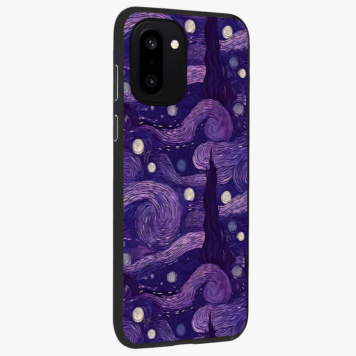 Purple Swirls Glass Case for 1+15R side perspective highlighting fluid textures and sleek premium build